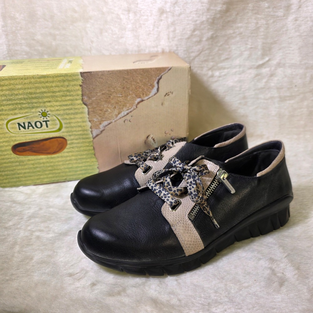 Naot Elios Sneakers Black Lizard Leather Lace Up Womens 38 7 7.5
